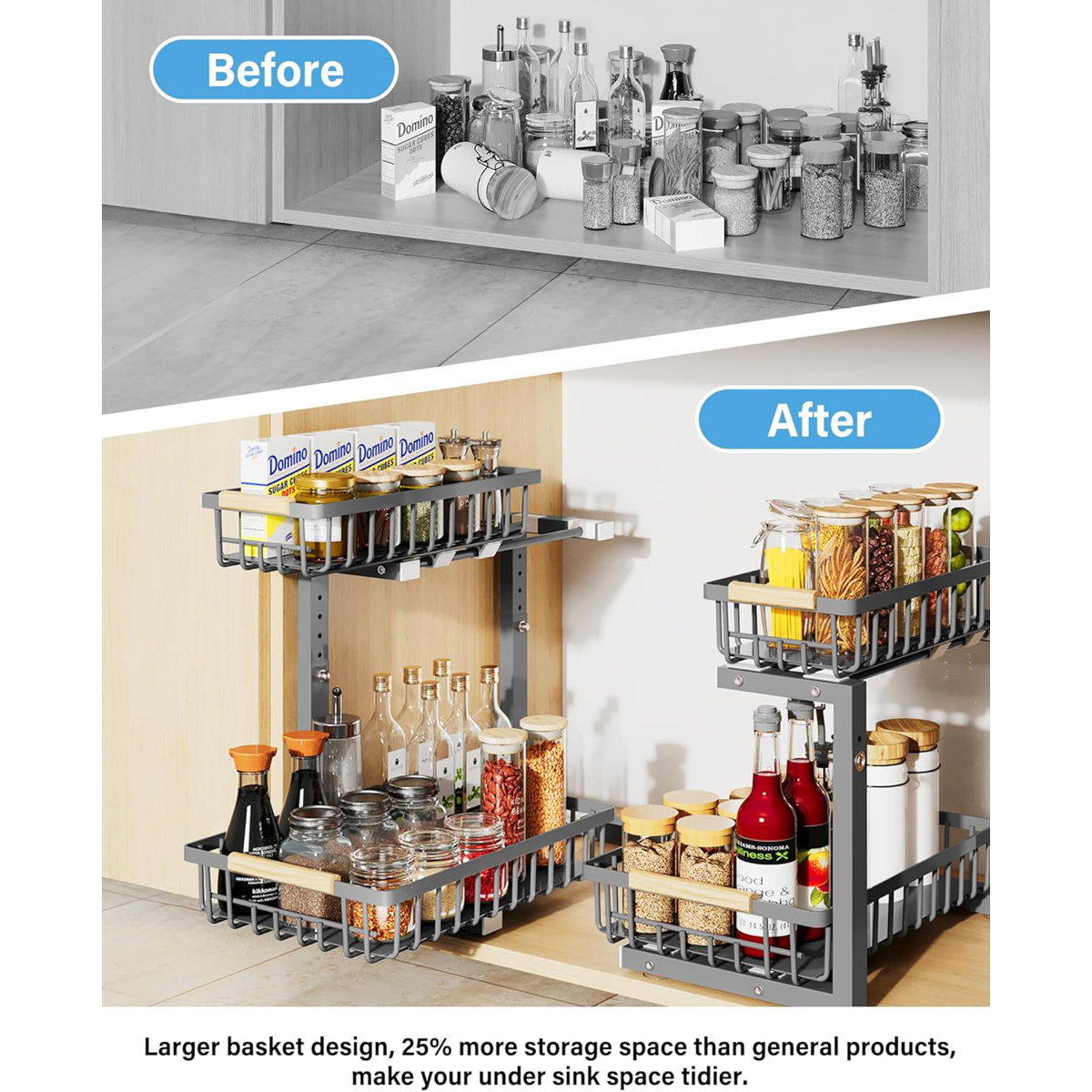 Under Sink Organizer, 2 Tier Under Sink Organizers And Storage Sliding 2 Tier Rack Metal Organization Under Counter Kitchen Bathroom